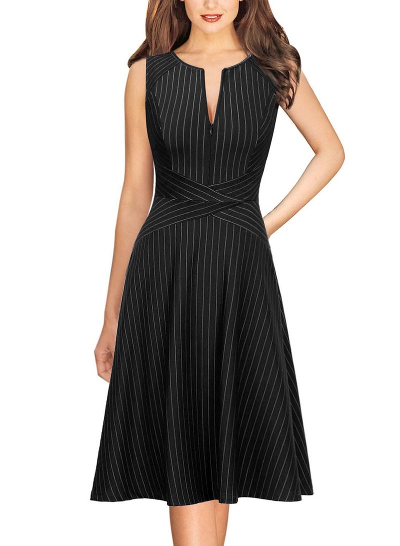 VFSHOW Womens Black and White Striped Print Elegant Slim Zipper up Pockets Work Business Office Party Skater A-Line Dress 2350 BLK M - Image 1